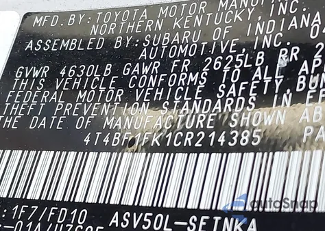 2012 Toyota Camry Le из США, поврежденный, VIN 4T4BF1FK1CR214385